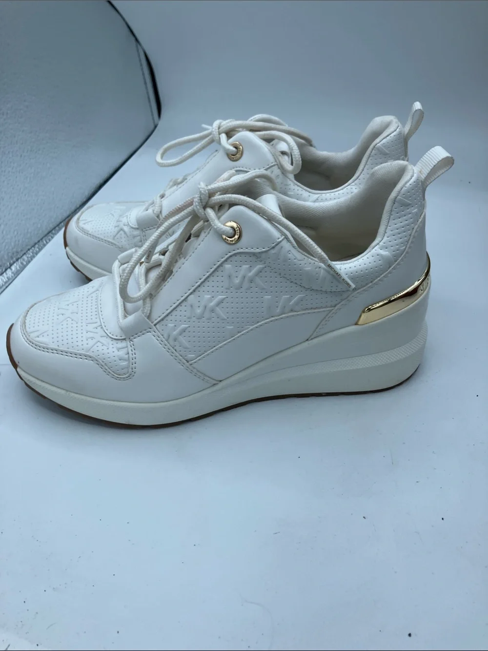 Michael Kors Cream Logo Wedge Sneakers with Gold Accents